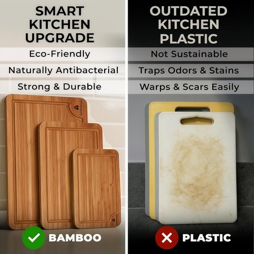 Bamboo Wood Cutting Board Set by Skiennix - Sturdy & Easy to Clean | 3 Sizes with Juice Grooves for Kitchen Use