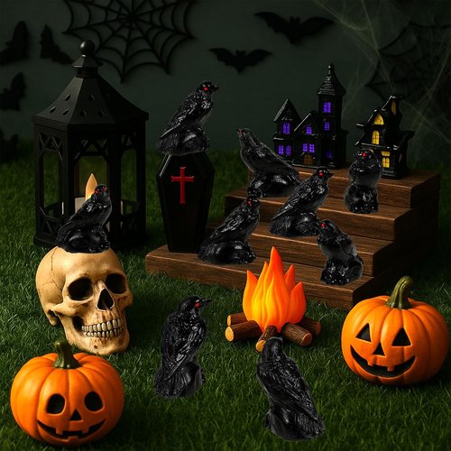 Bbiamsleep Mini Black Raven Figurines - 60 Pcs Halloween Decor for Miniature Houses
