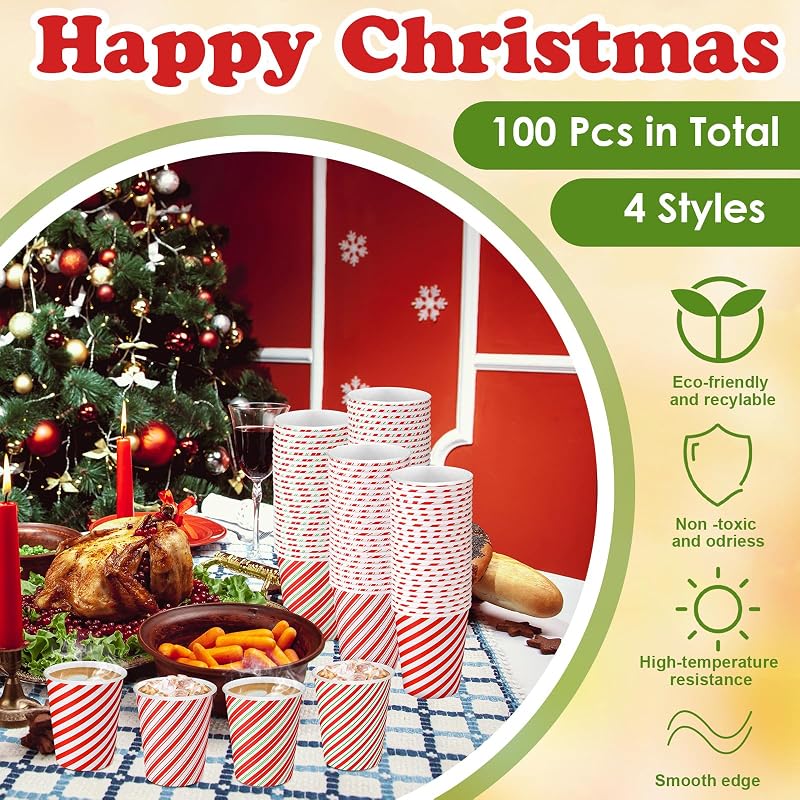 Hushee 100 Pcs Christmas Paper Cups 9 oz Candy Cane Stripes - Variation of THIS listing: 100