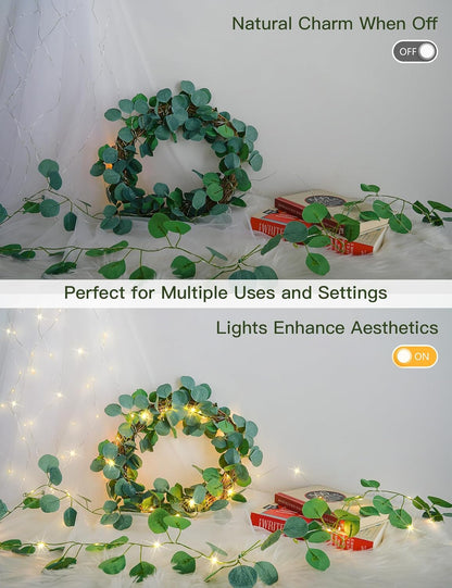 Suddus Eucalyptus Garland String Lights - 33ft 100 LED Battery Operated with Remote | Warm White Decor for Bedroom, Garden, Party, Wedding