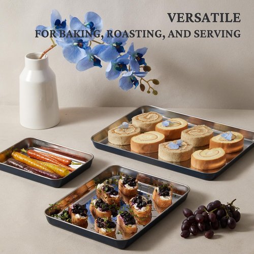 BRONYPRO Stainless Steel Baking Sheet Pan Set | Non-Toxic, Warp-Resistant Cookie Trays - 9/12/16 In, Navy