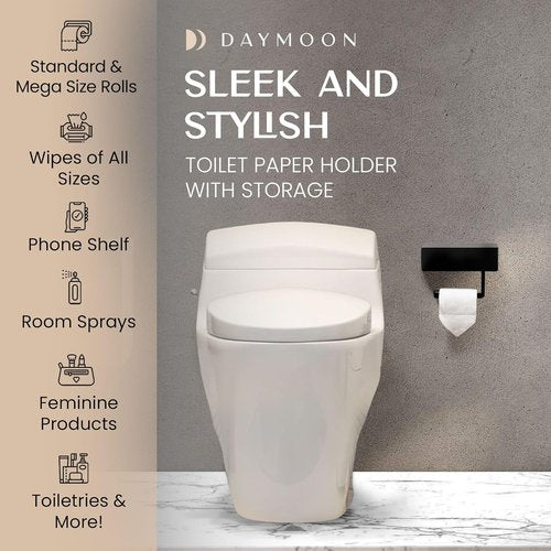Day Moon™ Toilet Paper Holder - Modern Wall-Mounted Roll Holder with Storage - Black Finish