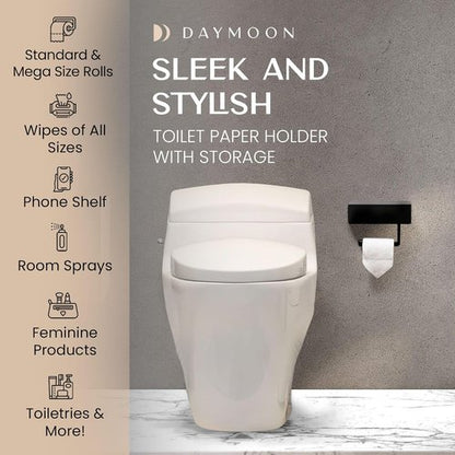 Day Moon™ Toilet Paper Holder - Modern Wall-Mounted Roll Holder with Storage - Black Finish