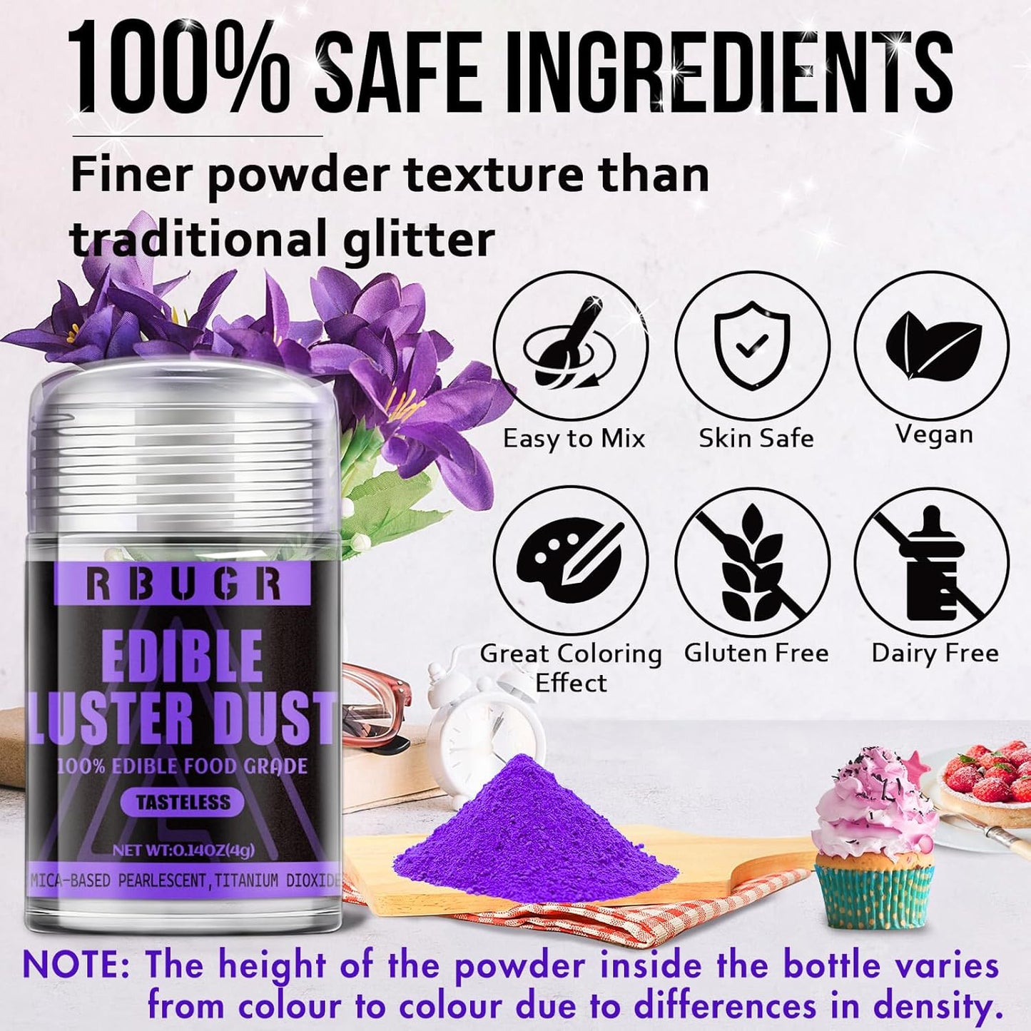 RBUGR Edible Glitter - 12 Vibrant Colors for Cocktails & Baking | Vegan Shimmer Dust (4g/0.14oz)