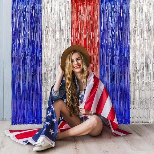 LOLStar 4th of July Decorations - 3-Pack Red, White & Blue Streamers | Patriotic Foil Fringe Curtains & Props