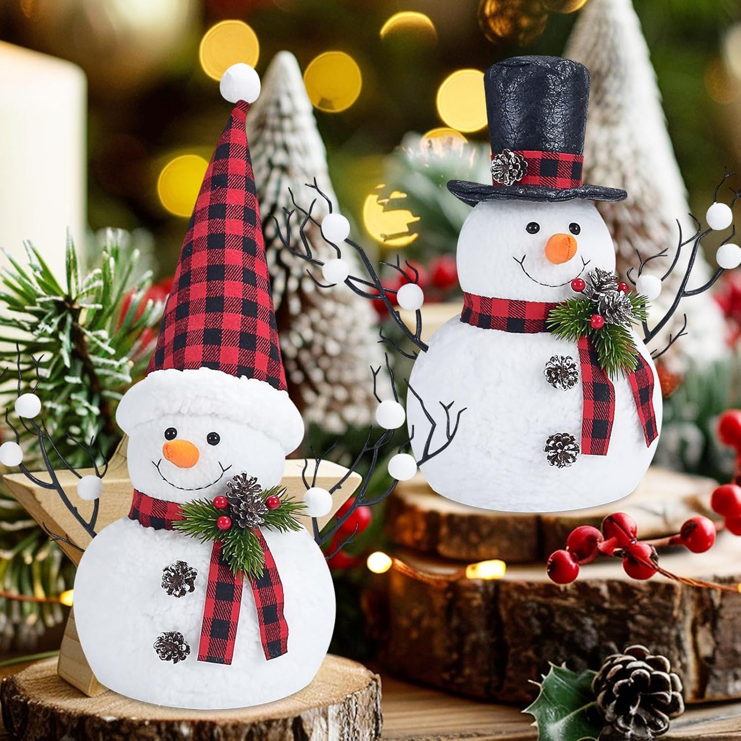 Skiennix Christmas Table Decorations - 14" Lighted Plush Snowmen & Trees | Battery Operated Ornaments