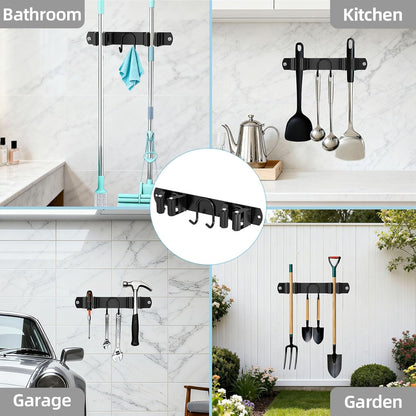 Stainless Steel Broom Holder Wall Mount - 2 Slots & 2 Hooks Organizer for Home, Garage & Garden