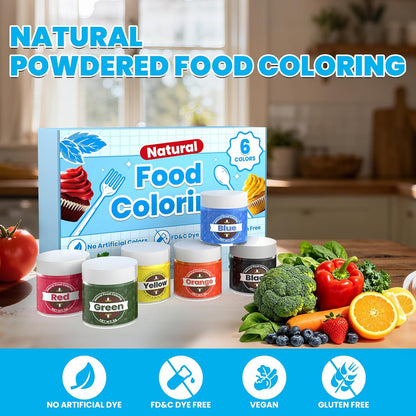 Natural Food Coloring - 6 Colors of Non-Toxic, Hyper-Concentrated Dye-Free Powder | 5g/Bottle