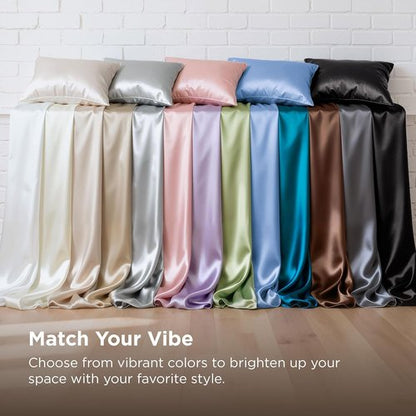 Bedsure Satin Sheets - 4-Piece Queen Size Silky Bedding Set with Deep Pocket & Elastic Straps | Silver Grey