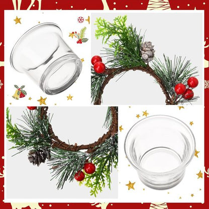 Dingion 12-Piece Christmas Votive Candle Holder Set - Decorative Glass Tealight Holders with Berry Rings for Holiday Table Centerpiece