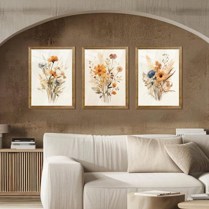 Framed Vintage Wildflower Canvas Wall Art - Set of 3 Rustic Floral Prints | 12" x 16" for Bedroom & Living Room