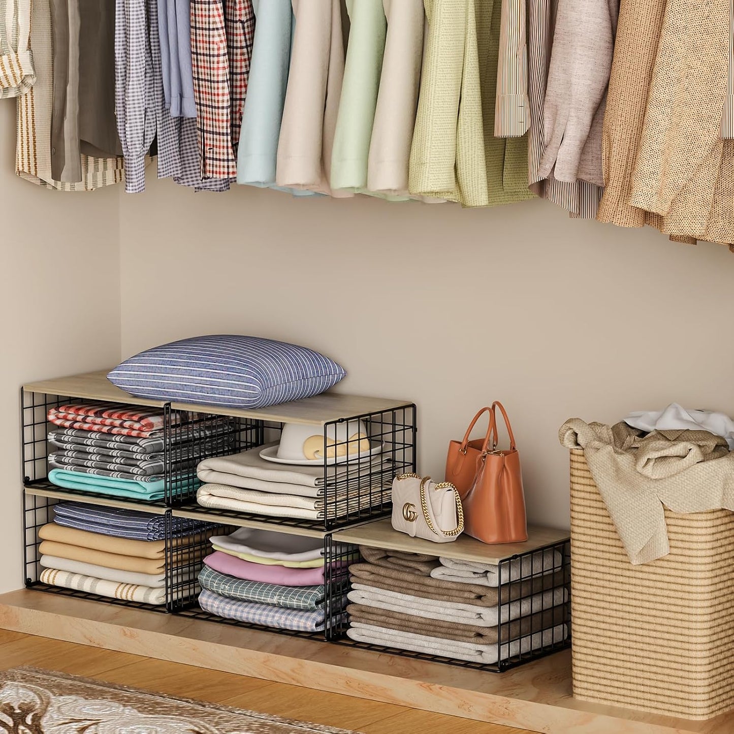 Sturdy Metal Black Closet Organizers - Extra-Long Stackable Shelf Storage with Wood Top | 3 Pack for Space-Saving