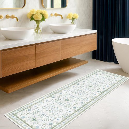 Hazo Haus Boho Bathroom Runner - Cream Green Oushak Floral Turkish | Washable Non-Slip Accent Rug 2x7