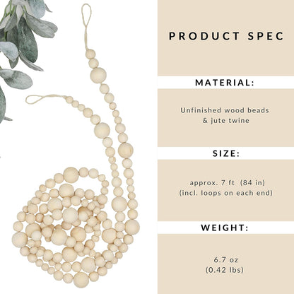 Skiennix 7ft Wood Bead Garland - Rustic Farmhouse Home Decor for Holiday & Christmas | Boho Wall Hanging