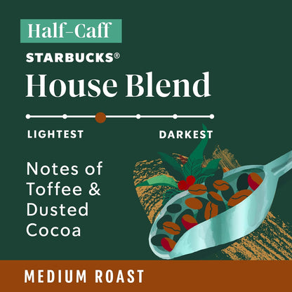 Starbucks K-Cup Coffee Pods - Medium Roast Half-Caff House Blend | 60 Pods for Hot or Iced Coffee