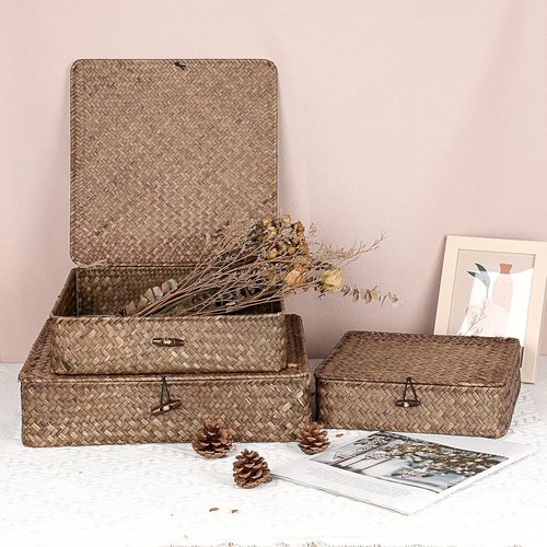 Hipiwe Wicker Storage Baskets - Set of 3 Handwoven Seagrass Bins with Lids | Large 14.8"x13" Coffee