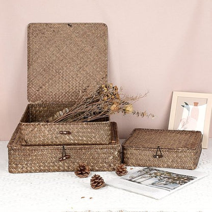 Hipiwe Wicker Storage Baskets - Set of 3 Handwoven Seagrass Bins with Lids | Large 14.8"x13" Coffee