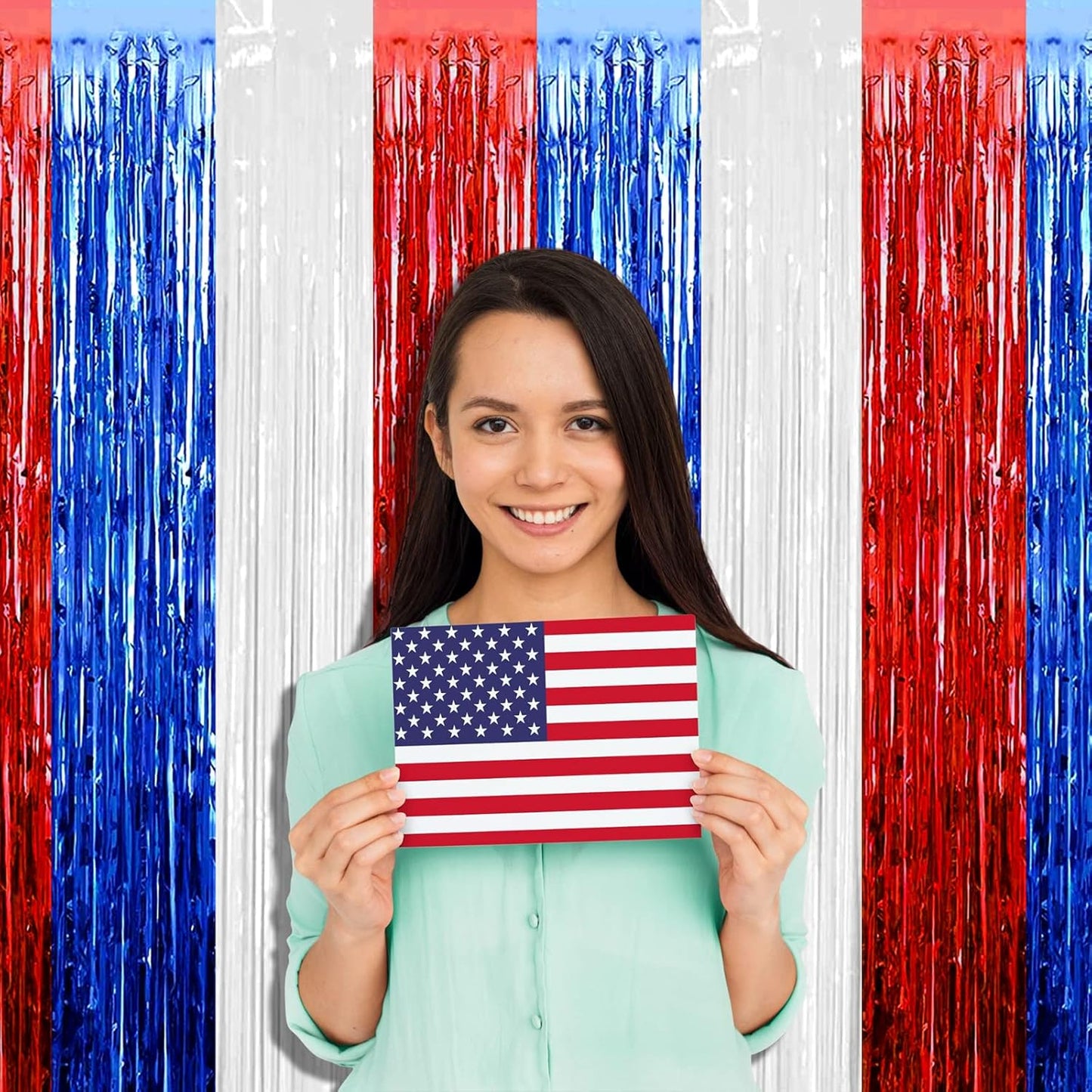 Regine Switzerland Foil Fringe Curtain Backdrop - 4 Pack Red, Blue & White Tinsel Streamers | 3.2Ft x 9.8Ft for Parties & Events