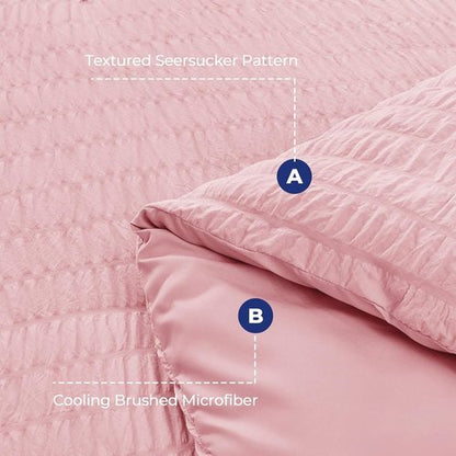 HYMOKEGE California King Comforter Set - 7-Piece Luxury Bedding in Pink Seersucker for All Seasons