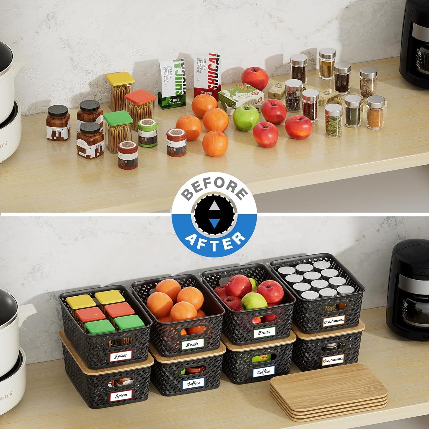 Anysig Plastic Storage Bins - 8 Pack Stackable Bins with Bamboo Lids for Organizing | Black