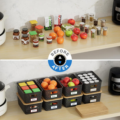 Anysig Plastic Storage Bins - 8 Pack Stackable Bins with Bamboo Lids for Organizing | Black