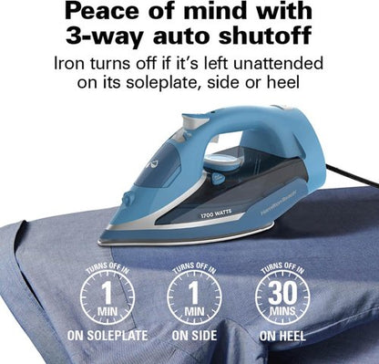 Hamilton Beach Steam Iron - 1700W Garment Steamer with Stainless Steel Soleplate & 8' Cord - Blue