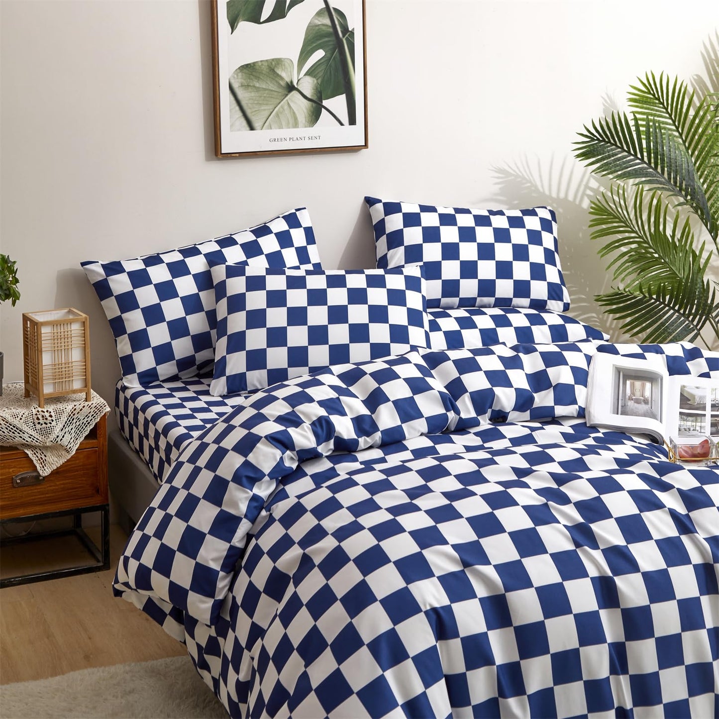 Luxlovery Blue Plaid Comforter Set Cal King Blue Grid Bedding Comforter Set California King Check Buffalo Modern Chic Blanket Soft Breathable Bright Blue Geometric Abstract Bedding Set