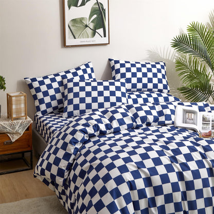 Luxlovery Blue Plaid Comforter Set Cal King Blue Grid Bedding Comforter Set California King Check Buffalo Modern Chic Blanket Soft Breathable Bright Blue Geometric Abstract Bedding Set