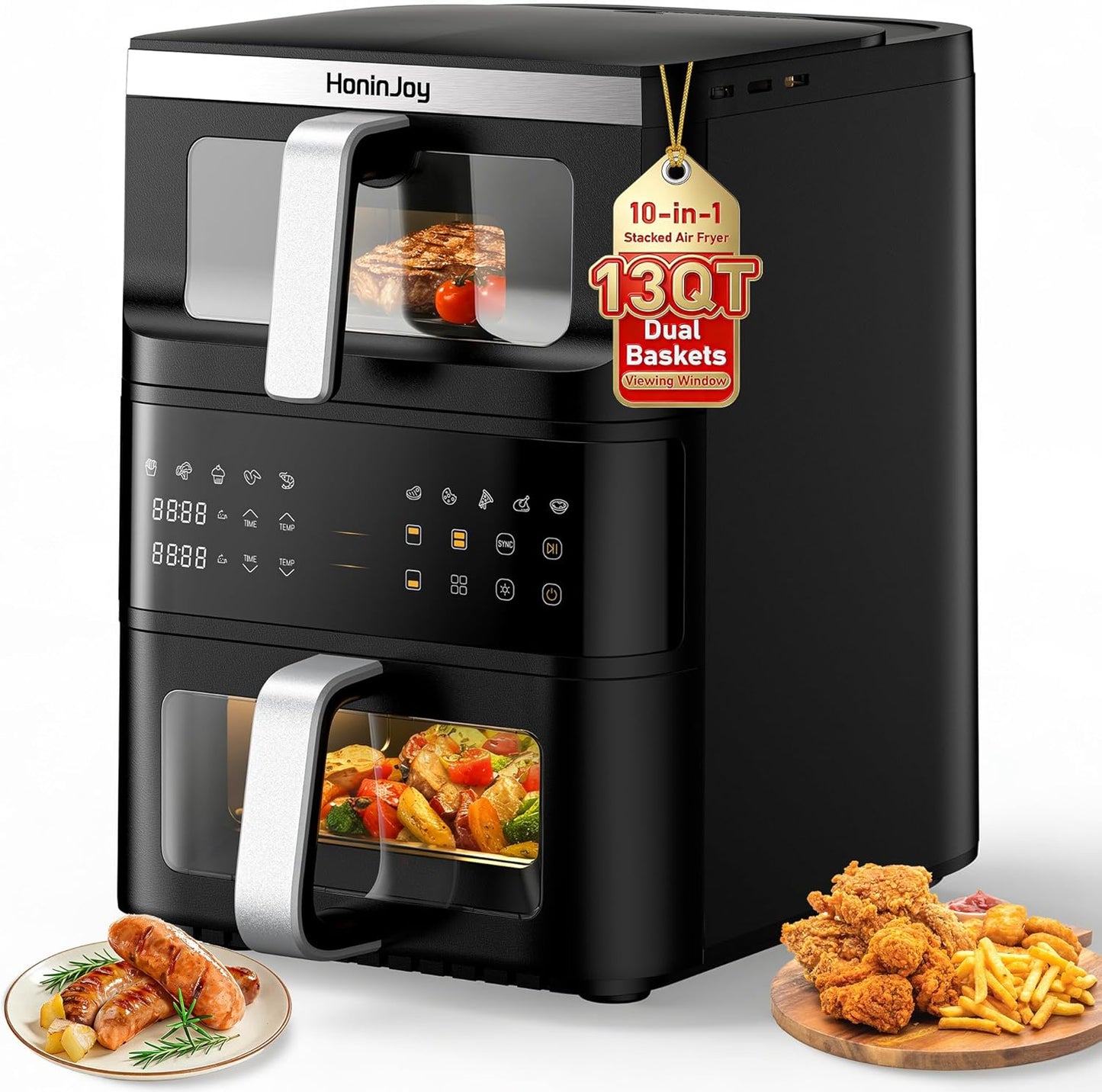 Skiennix 13QT Dual-Basket Air Fryer - Compact Vertical Design with Viewing Window & 10-in-1 Presets