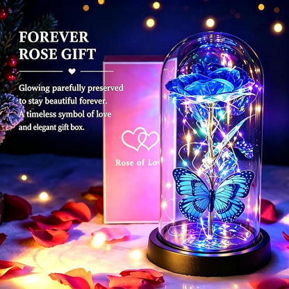 Blue Galaxy Rose LED Glass Dome with Butterfly Ornament – Valentines Gift for Women