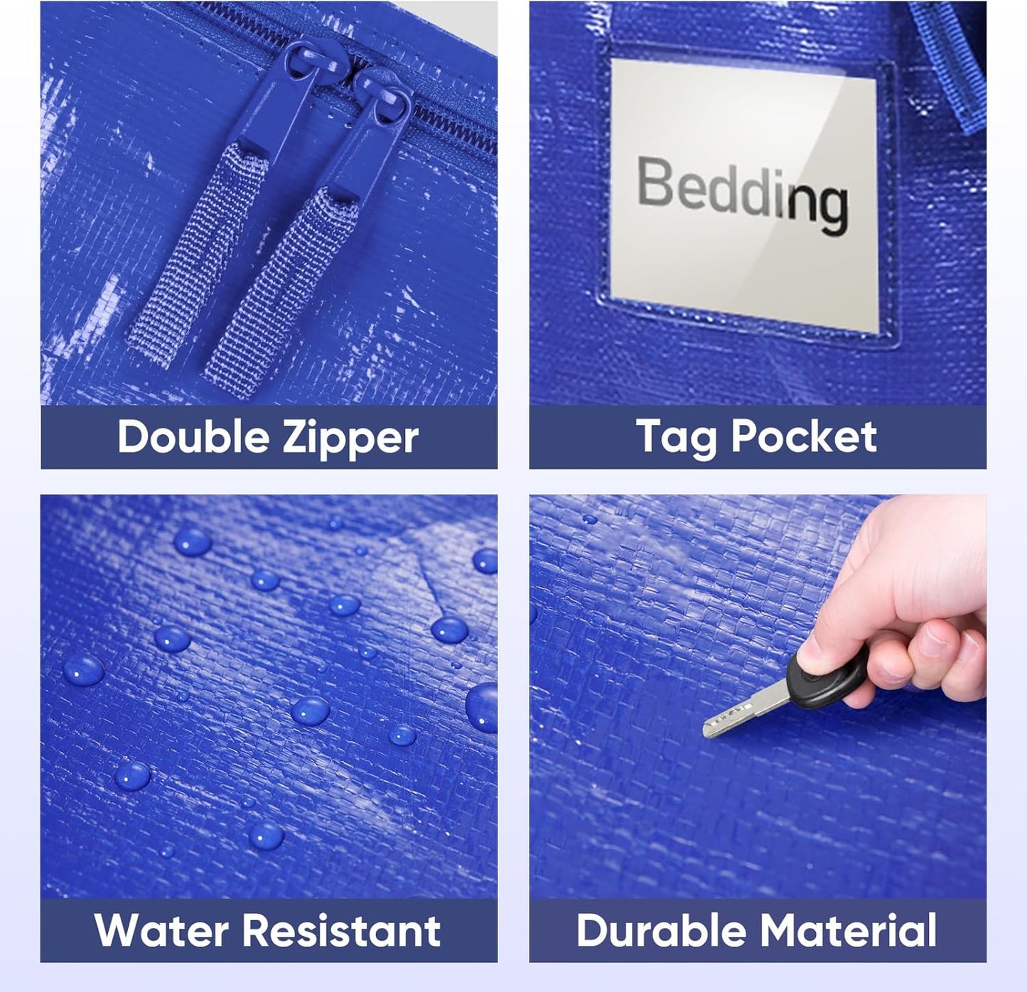 TICONN Extra Large Heavy-Duty Moving Bags - Durable Storage with Zippers & Handles | 6 Pack, Blue