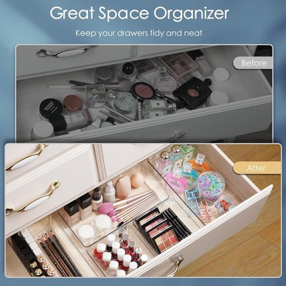 Clear Plastic Drawer Organizer Set by [Brand Name] - 12 Pack Non-Slip Storage Bins for Makeup, Kitchen & Office