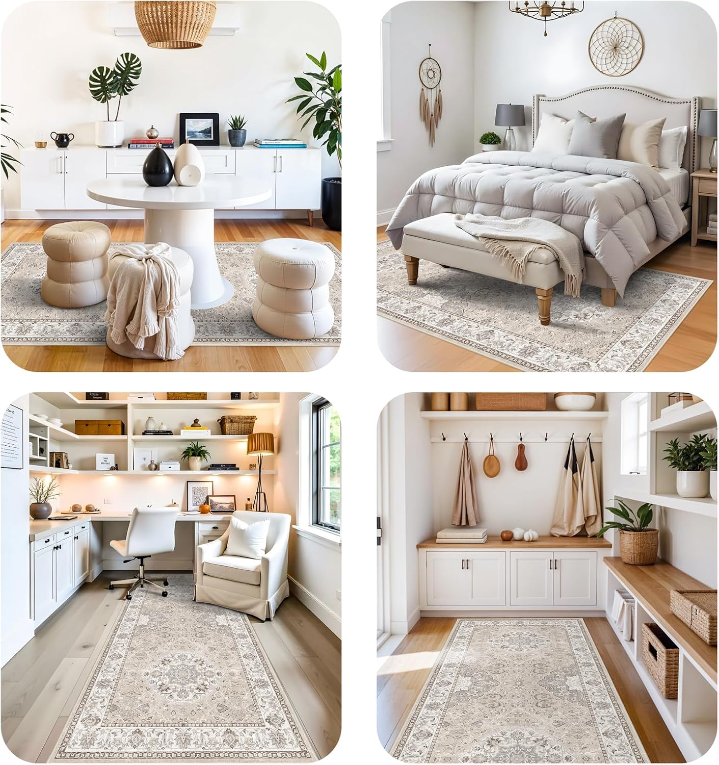 Skiennix Washable 4x12 Wide Hallway Runner - Vintage Soft Non-Slip Water-Resistant Rug | Beige