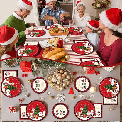 175Pcs Christmas Disposable Dinnerware Set – 25 Plates 9" & 7", Cups, Napkins & Cutlery, Red Holiday party supplies