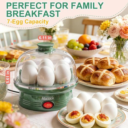 Macook Electric Egg Cooker - 7 Egg Capacity with Auto Shut-Off | Spring Green Hard Boiled Egg Maker