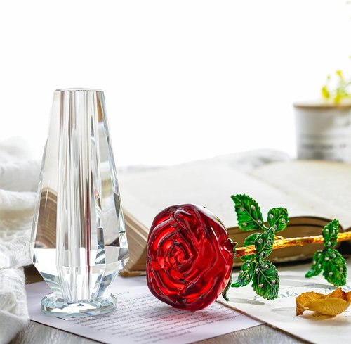 HDCRYSTALGIFTS 10'' Red Crystal Rose Figurine - Elegant Flower Gift for Mom | Collectible Glass Ornament for Home Decor