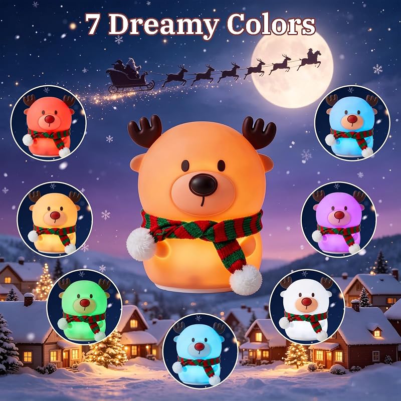Reindeer Night Light for Kids – 7-Color USB Rechargeable Silicone Lamp with 3 Brightness Levels, Christmas Scarf