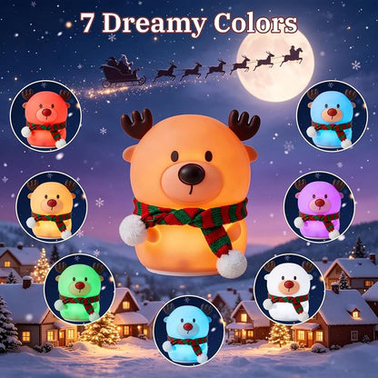 Reindeer Night Light for Kids – 7-Color USB Rechargeable Silicone Lamp with 3 Brightness Levels, Christmas Scarf