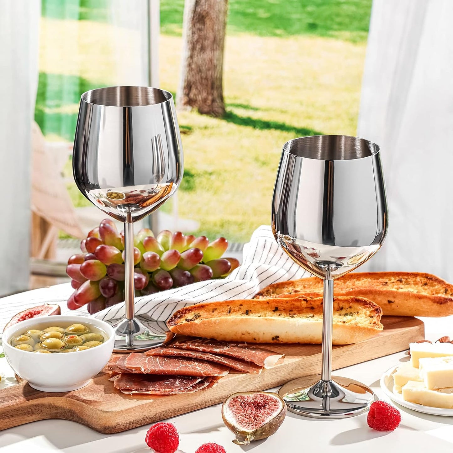 WOTOR Champagne Stoppers with Stainless Steel+Stainless Steel Wine Glasses Set of 4 (Silver)