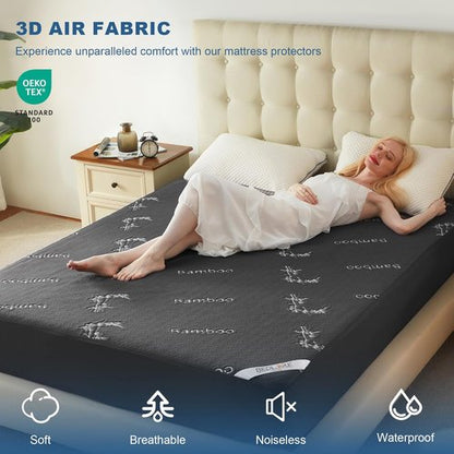 **BEDLORE Twin Size Waterproof Mattress Protector - Soft Bamboo Viscose Fitted Cover | Breathable & Noiseless (Gray)**