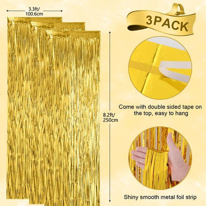 Voircoloria 3 Pack 3.3x8.2 Feet Gold Foil Fringe Backdrop Curtains, Tinsel Streamers, Fringe Backdrop for 2025 New Years Eve, Graduation, Birthday, Baby Shower, Gender Reveal, Disco Party