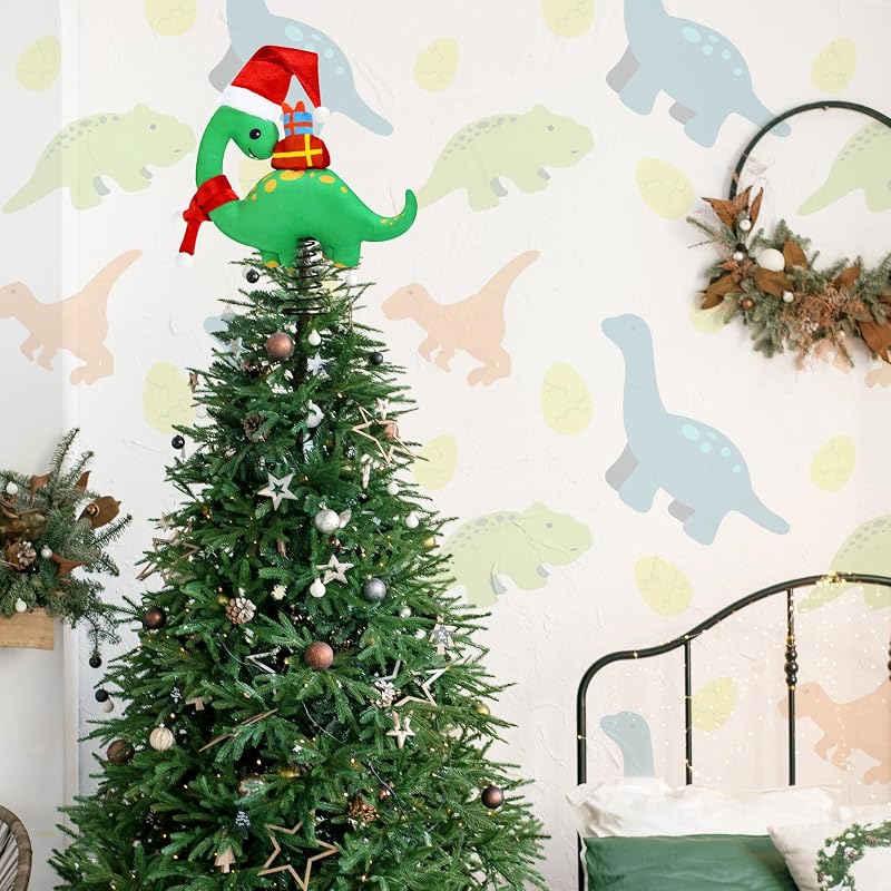 Christmas Dinosaur Tree Topper - Plush Brachiosaurus with Santa Hat