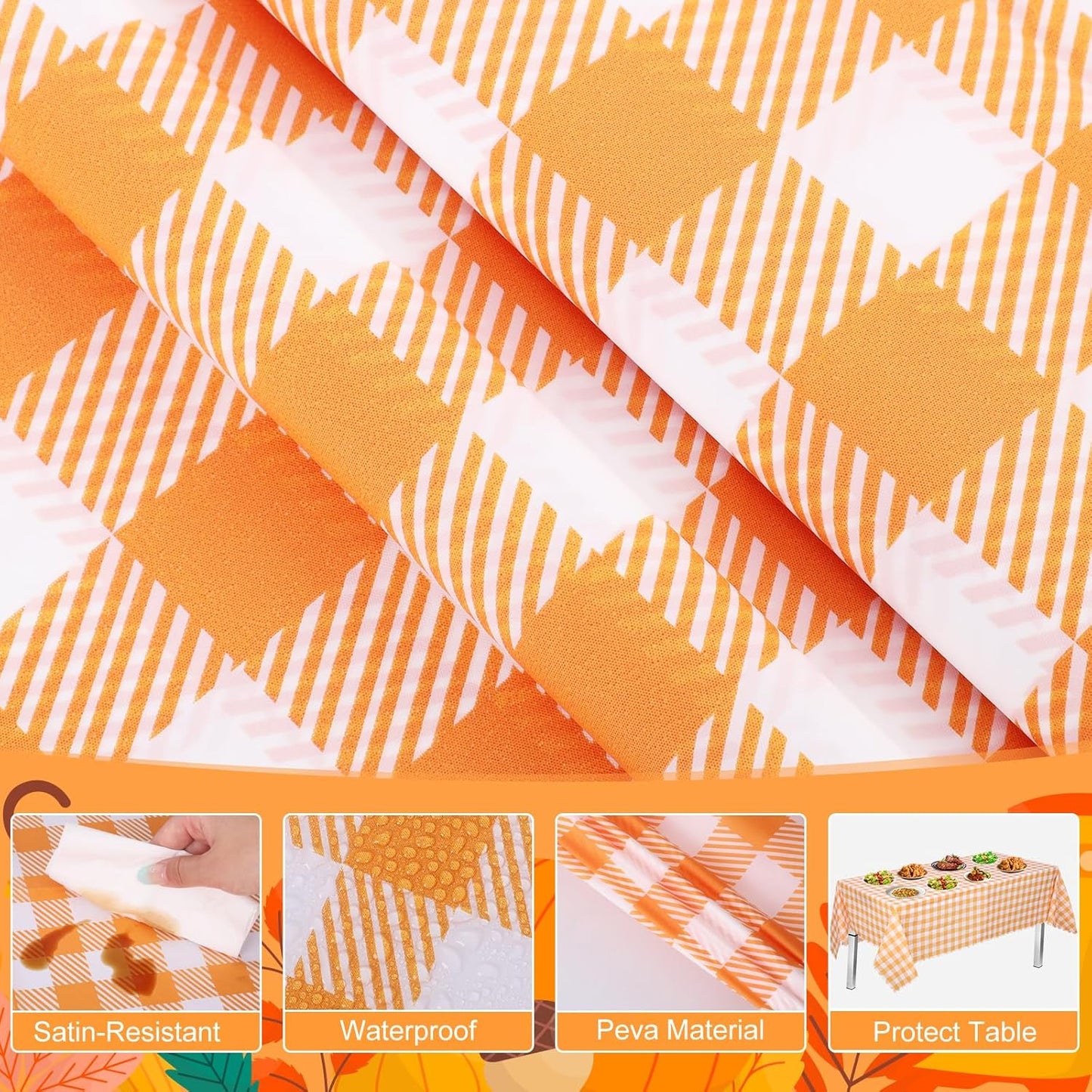 Regine Switzerland 12 Pack Orange Gingham Tablecloths - 54 x 108 Inch Waterproof Disposable Covers for Parties & Picnics