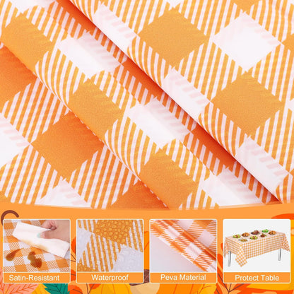 Regine Switzerland 12 Pack Orange Gingham Tablecloths - 54 x 108 Inch Waterproof Disposable Covers for Parties & Picnics