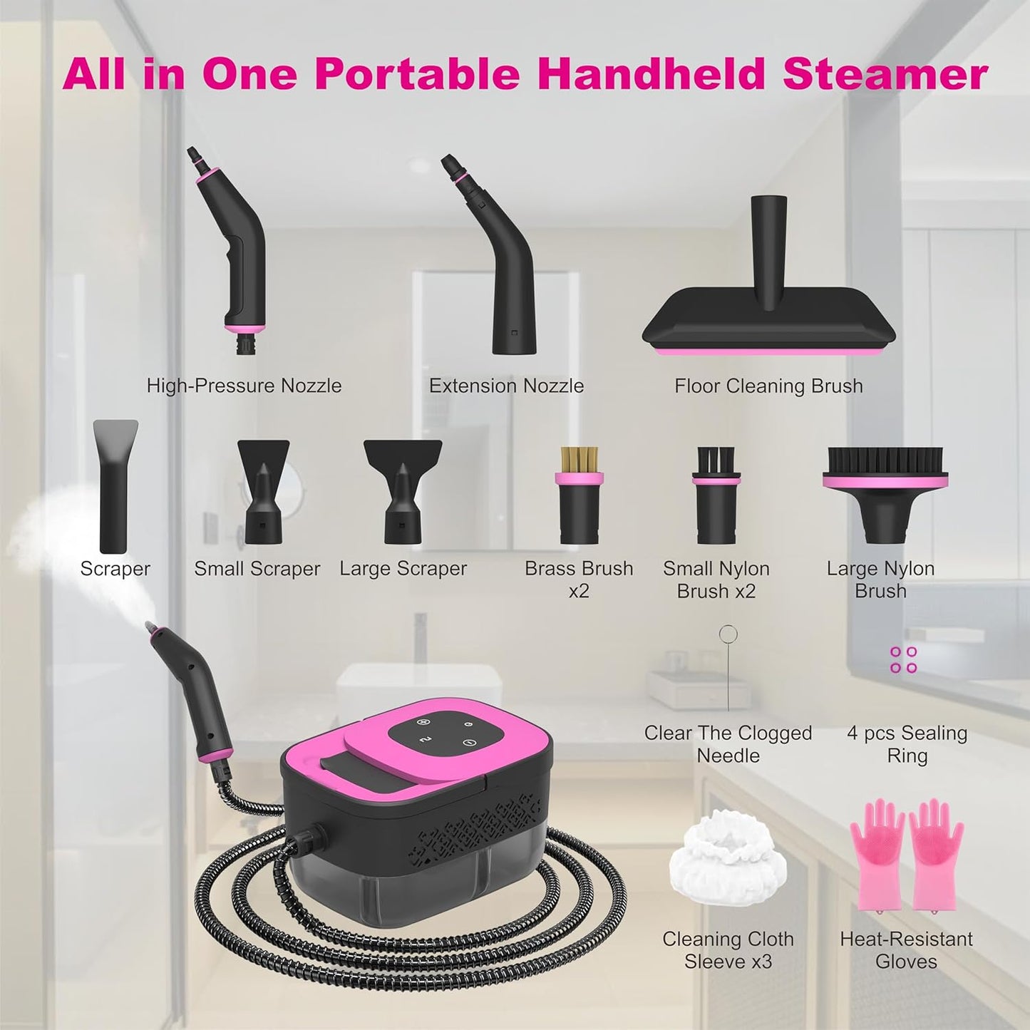 Skiennix Portable Steam Cleaner - 16-Piece Accessory Set | 6-Level Adjustable Heat-Up in 15 Seconds, Lightweight Design for Home & Car Detailing