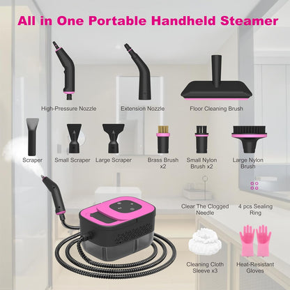 Skiennix Portable Steam Cleaner - 16-Piece Accessory Set | 6-Level Adjustable Heat-Up in 15 Seconds, Lightweight Design for Home & Car Detailing