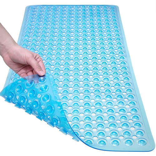 TEESHLY Bath Mat for Tub & Shower, Non Slip Soft Bathmat with Suction Cups & Drain Holes, Machine Washable Bathtub Floor Liner Mats for Bathroom, 35x16 Inch, Clear Blue