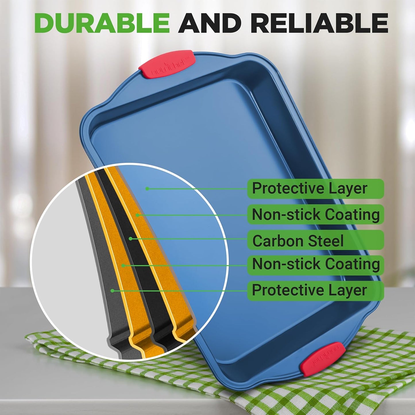 NutriChef 10-Piece Nonstick Bakeware Set | Premium Carbon Steel Pans with Silicone Handles - Blue
