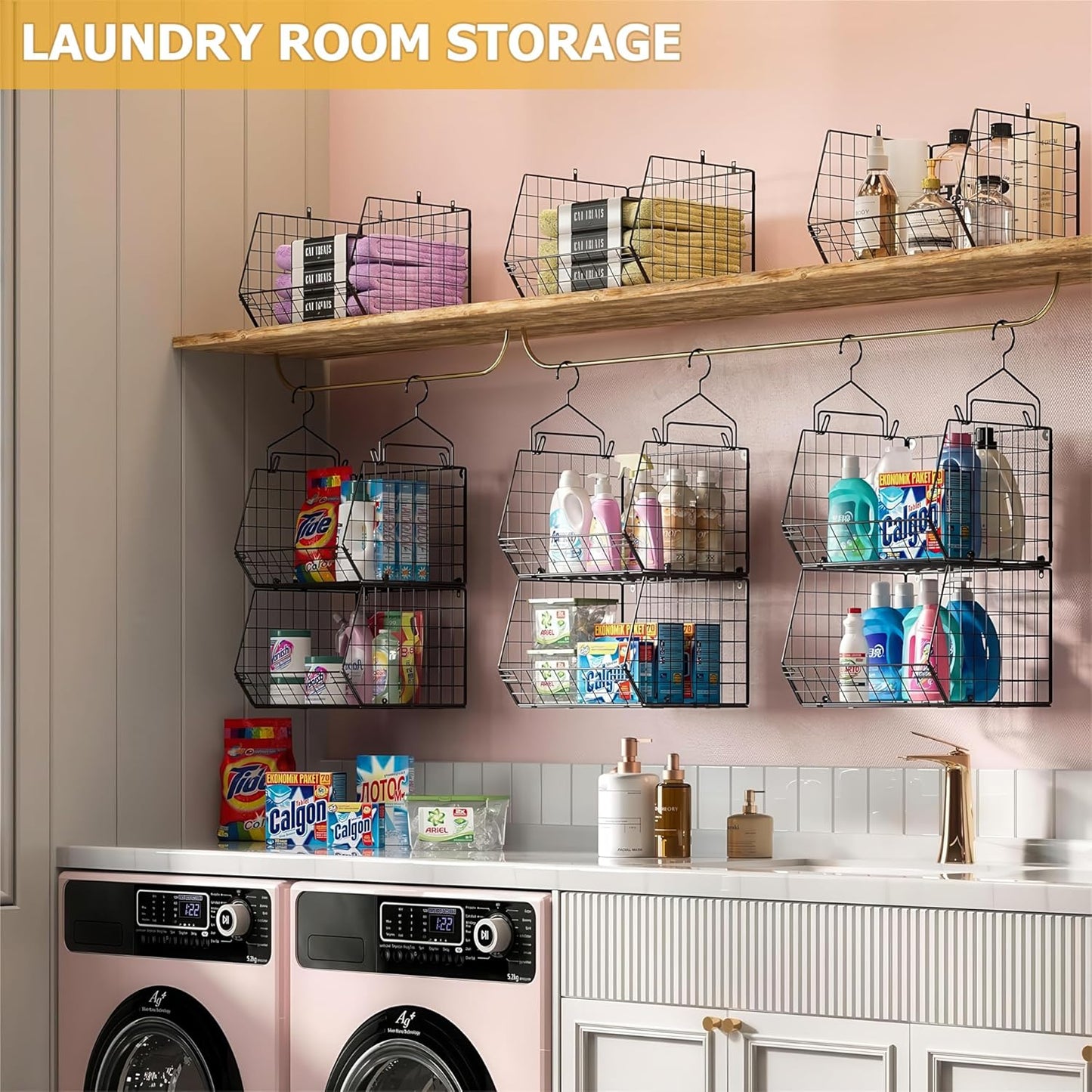 X-cosrack 7-Tier Foldable Hanging Closet Organizer - Wire Shelving with 4 Large Hooks & 5 S Hooks for Clothes & Handbags