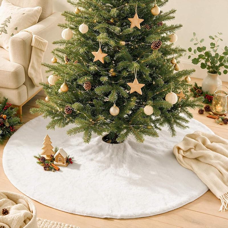 48 Inch White Plush Christmas Tree Skirt – Center Opening, Velvety Decor (Variation: White+48 inch)